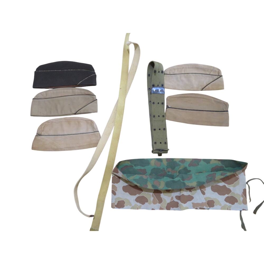 WW2 Lot of 9 pc Military Items 5 Garrison Hats 2 Straps 1 Belt 1 Neck Cover?